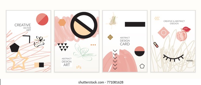 Set of artistic minimal universal card templates in Memphis style with abstract hand drawn doodles. Design for poster, card, invitation. Roughly drawn bright trendy textures. Vector isolated