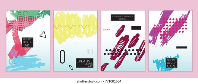 Set of artistic minimal universal card templates in Memphis style with abstract hand drawn doodles. Design for poster, card, invitation. Roughly drawn bright trendy textures. Vector isolated