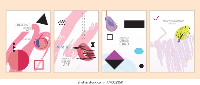 Set of artistic minimal universal card templates in Memphis style with abstract hand drawn doodles. Design for poster, card, invitation. Roughly drawn bright trendy textures. Vector isolated