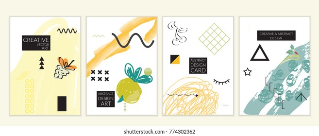 Set of artistic minimal universal card templates in Memphis style with abstract hand drawn doodles. Design for poster, card, invitation. Roughly drawn bright trendy textures. Vector isolated