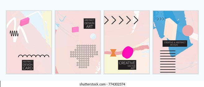 Set of artistic minimal universal card templates in Memphis style with abstract hand drawn doodles. Design for poster, card, invitation. Roughly drawn bright trendy textures. Vector isolated