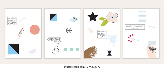 Set of artistic minimal universal card templates in Memphis style with abstract hand drawn doodles on white. Design for poster, card, invitation. Roughly drawn bright trendy textures. Vector isolated