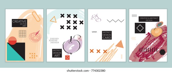 Set of artistic minimal universal card templates in Memphis style with abstract hand drawn doodles. Design for poster, card, invitation. Roughly drawn bright trendy textures. Vector isolated