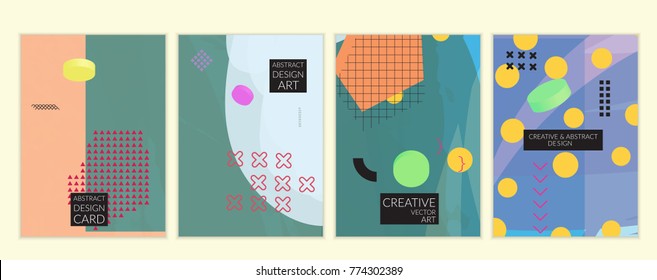 Set of artistic minimal universal card templates in Memphis style with abstract hand drawn doodles. Design for poster, card, invitation. Roughly drawn bright trendy textures. Vector isolated
