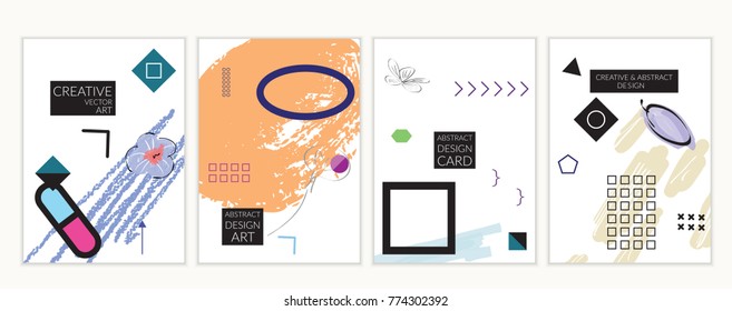 Set of artistic minimal universal card templates in Memphis style with abstract hand drawn doodles. Design for poster, card, invitation. Roughly drawn bright trendy textures. Vector isolated