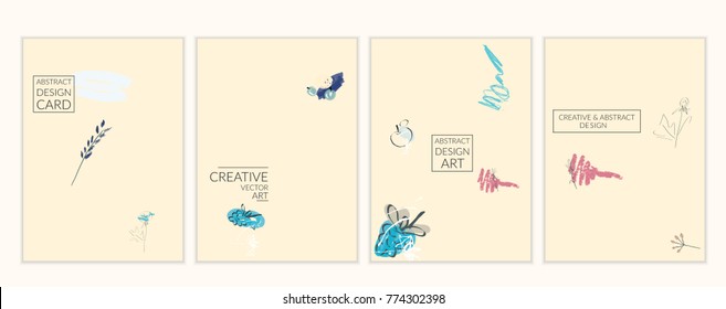 Set of artistic minimal universal card templates with abstract hand drawn doodles. Design for poster, card, invitation. Roughly drawn bright trendy textures. Minimal simple design.Vector isolated