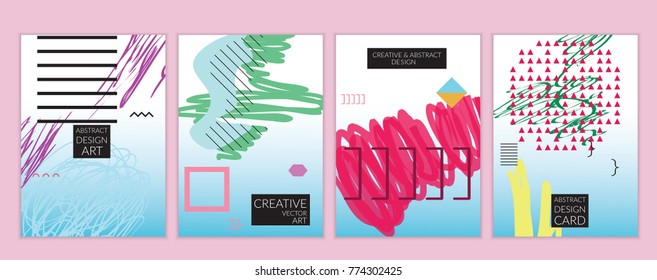 Set of artistic minimal universal card templates in Memphis style with abstract hand drawn doodles. Design for poster, card, invitation. Roughly drawn bright trendy textures. Vector isolated