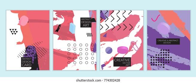 Set of artistic minimal universal card templates in Memphis style with abstract hand drawn doodles. Design for poster, card, invitation. Roughly drawn bright trendy textures. Vector isolated