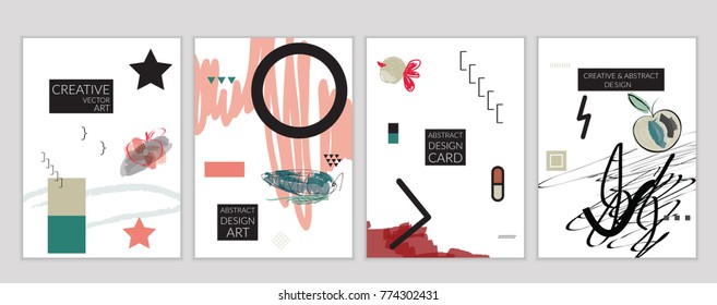 Set of artistic minimal universal card templates in Memphis style with abstract hand drawn doodles. Design for poster, card, invitation. Roughly drawn bright trendy textures. Vector isolated