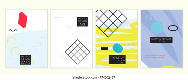 Set of artistic minimal universal card templates in Memphis style with abstract hand drawn doodles. Design for poster, card, invitation. Roughly drawn bright trendy textures. Vector isolated