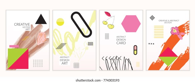 Set of artistic minimal universal card templates with abstract hand drawn doodles. Design for poster, card, invitation. Roughly drawn bright trendy textures. Minimal simple design.Vector isolated