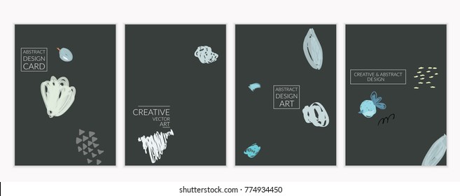 Set of artistic minimal universal card templates with abstract hand drawn doodles. Design for poster, card, invitation. Roughly drawn bright trendy textures. Minimal simple design.Vector isolated