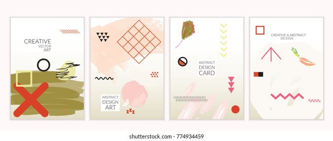 Set of artistic minimal universal card templates in Memphis style with abstract hand drawn doodles. Design for poster, card, invitation. Roughly drawn bright trendy textures. Vector isolated