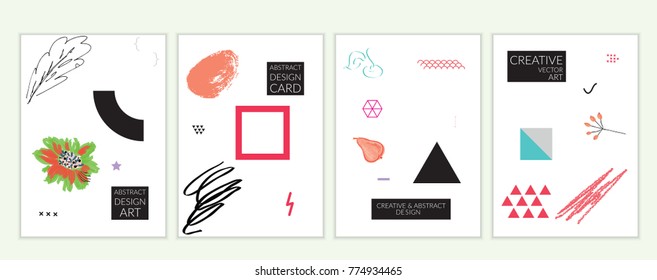 Set of artistic minimal universal card templates in Memphis style with abstract hand drawn doodles. Design for poster, card, invitation. Roughly drawn bright trendy textures. Vector isolated