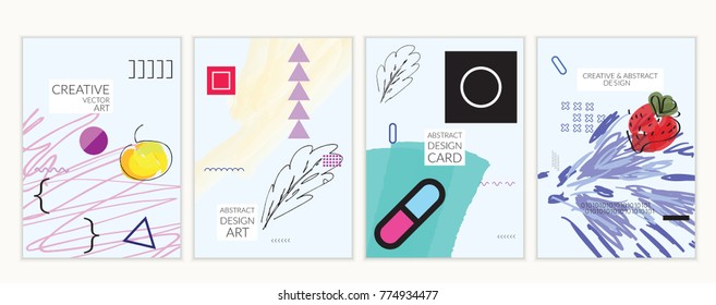 Set of artistic minimal universal card templates in Memphis style with abstract hand drawn doodles. Design for poster, card, invitation. Roughly drawn bright trendy textures. Vector isolated