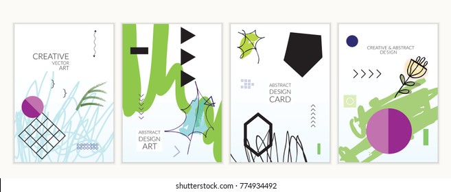 Set of artistic minimal universal card templates in Memphis style with abstract hand drawn doodles. Design for poster, card, invitation. Roughly drawn bright trendy textures. Vector isolated