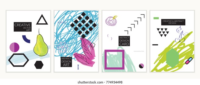 Set of artistic minimal universal card templates in Memphis style with abstract hand drawn doodles. Design for poster, card, invitation. Roughly drawn bright trendy textures. Vector isolated