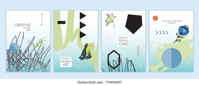 Set of artistic minimal universal card templates in Memphis style with abstract hand drawn doodles. Design for poster, card, invitation. Roughly drawn bright trendy textures. Vector isolated