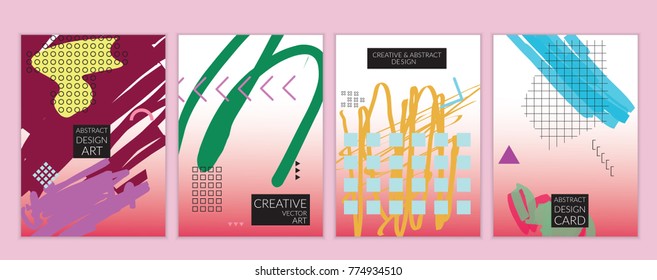 Set of artistic minimal universal card templates in Memphis style with abstract hand drawn doodles. Design for poster, card, invitation. Roughly drawn bright trendy textures. Vector isolated