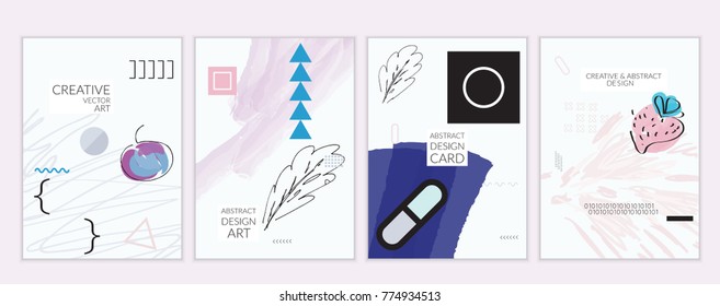 Conjunto de plantillas artísticas de tarjetas universales mínimas en estilo Memphis con doodles abstractos a mano. Diseño de póster, tarjeta, invitación. Texturas brillantes a la moda. Vector aislado