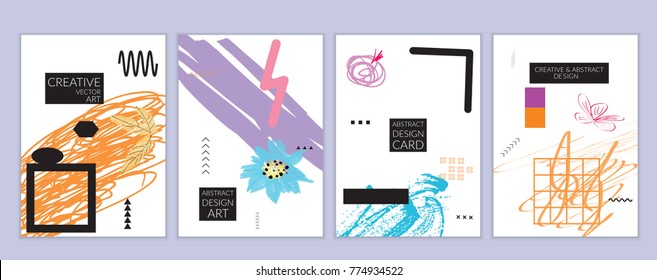 Set of artistic minimal universal card templates in Memphis style with abstract hand drawn doodles. Design for poster, card, invitation. Roughly drawn bright trendy textures. Vector isolated