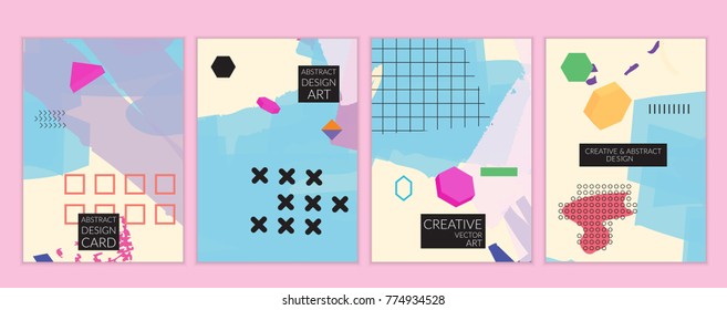 Set of artistic minimal universal card templates in Memphis style with abstract hand drawn doodles. Design for poster, card, invitation. Roughly drawn bright trendy textures. Vector isolated