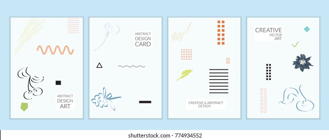 Set of artistic minimal universal card templates in Memphis style with abstract hand drawn doodles. Design for poster, card, invitation. Roughly drawn bright trendy textures. Vector isolated