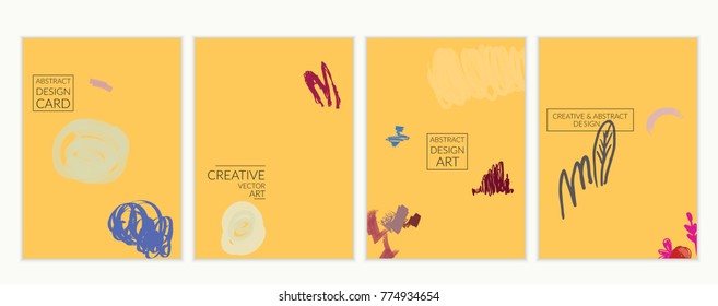 Set of artistic minimal universal card templates in Memphis style with abstract hand drawn doodles. Design for poster, card, invitation. Roughly drawn bright trendy textures. Vector isolated