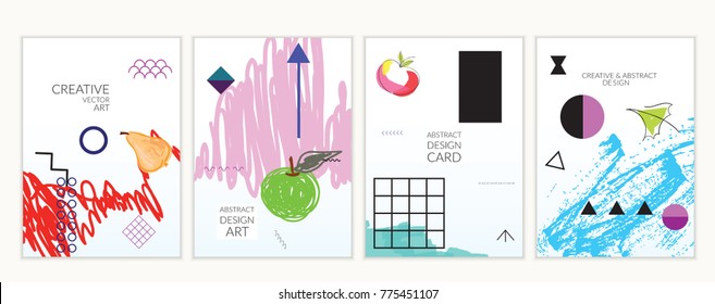 Set of artistic minimal universal card templates in Memphis style with abstract hand drawn doodles. Design for poster, card, invitation. Roughly drawn bright trendy textures. Vector isolated