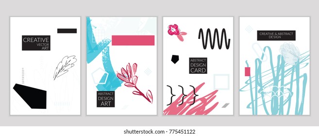 Set of artistic minimal universal card templates in Memphis style with abstract hand drawn doodles. Design for poster, card, invitation. Roughly drawn bright trendy textures. Vector isolated