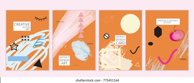 Set of artistic minimal universal card templates in Memphis style with abstract hand drawn doodles. Design for poster, card, invitation. Roughly drawn bright trendy textures. Vector isolated