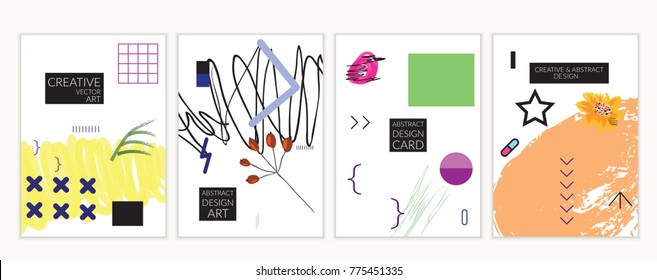 Set of artistic minimal universal card templates in Memphis style with abstract hand drawn doodles. Design for poster, card, invitation. Roughly drawn bright trendy textures. Vector isolated