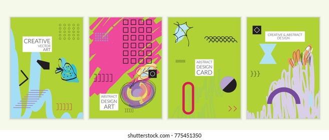 Set of artistic minimal universal card templates in Memphis style with abstract hand drawn doodles. Design for poster, card, invitation. Roughly drawn bright trendy textures. Vector isolated