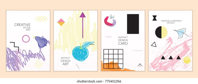 Set of artistic minimal universal card templates in Memphis style with abstract hand drawn doodles. Design for poster, card, invitation. Roughly drawn bright trendy textures. Vector isolated