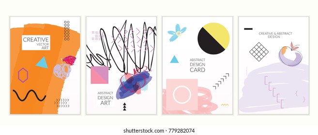 Set of artistic minimal universal card templates in Memphis style with abstract hand drawn doodles. Design for poster, card, invitation. Roughly drawn bright trendy textures. Vector isolated