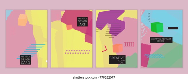 Set of artistic minimal universal card templates in Memphis style with abstract hand drawn doodles. Design for poster, card, invitation. Roughly drawn bright trendy textures. Vector isolated