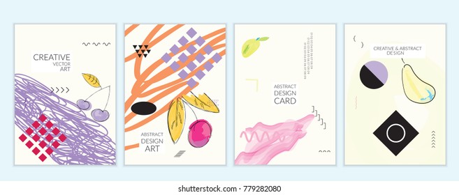 Set of artistic minimal universal card templates in Memphis style with abstract hand drawn doodles. Design for poster, card, invitation. Roughly drawn bright trendy textures. Vector isolated