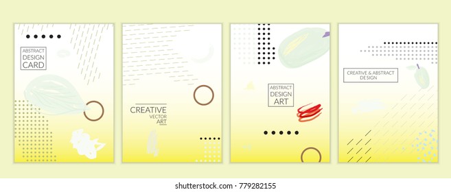Set of artistic minimal universal card templates in Memphis style with abstract hand drawn doodles. Design for poster, card, invitation. Roughly drawn bright trendy textures. Vector isolated