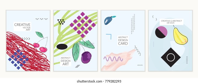 Set of artistic minimal universal card templates in Memphis style with abstract hand drawn doodles. Design for poster, card, invitation. Roughly drawn bright trendy textures. Vector isolated