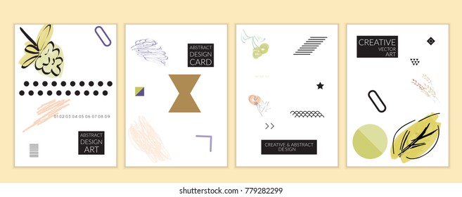 Set of artistic minimal universal card templates in Memphis style with abstract hand drawn doodles. Design for poster, card, invitation. Roughly drawn bright trendy textures. Vector isolated
