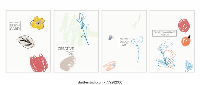 Set of artistic minimal universal card templates in Memphis style with abstract hand drawn doodles. Design for poster, card, invitation. Roughly drawn bright trendy textures. Vector isolated