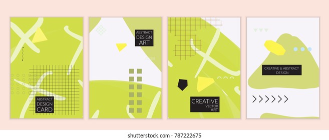 Set of artistic minimal universal card templates in Memphis style with abstract hand drawn doodles. Design for poster, card, invitation. Roughly drawn bright trendy textures. Vector isolated