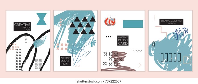 Set of artistic minimal universal card templates in Memphis style with abstract hand drawn doodles. Design for poster, card, invitation. Roughly drawn bright trendy textures. Vector isolated