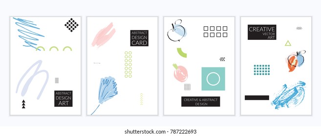 Set of artistic minimal universal card templates in Memphis style with abstract hand drawn doodles. Design for poster, card, invitation. Roughly drawn bright trendy textures. Vector isolated