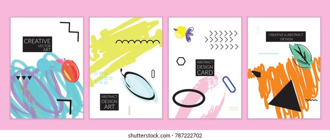 Set of artistic minimal universal card templates in Memphis style with abstract hand drawn doodles. Design for poster, card, invitation. Roughly drawn bright trendy textures. Vector isolated