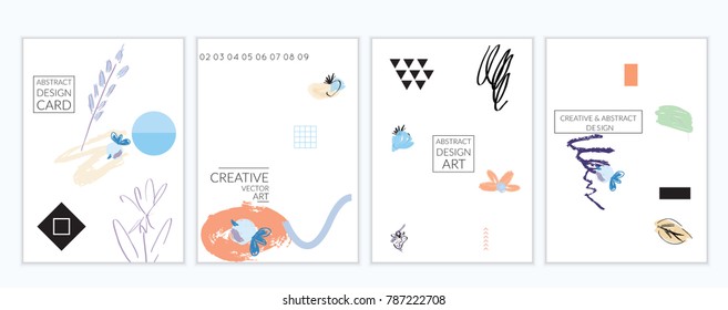 Set of artistic minimal universal card templates in Memphis style with abstract hand drawn doodles on white. Design for poster, card, invitation. Roughly drawn bright trendy textures. Vector isolated