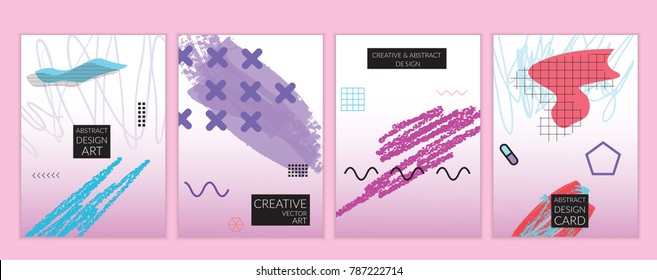 Set of artistic minimal universal card templates in Memphis style with abstract hand drawn doodles. Design for poster, card, invitation. Roughly drawn bright trendy textures. Vector isolated