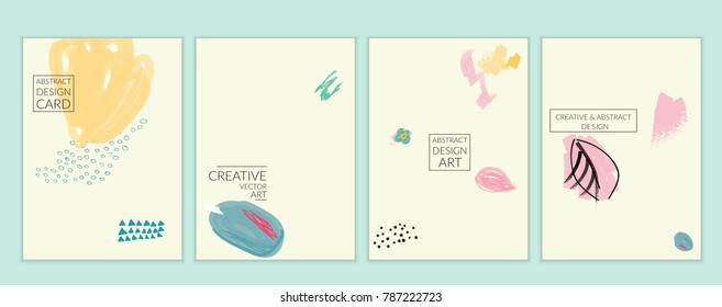 Set of artistic minimal universal card templates with abstract hand drawn doodles. Design for poster, card, invitation. Roughly drawn bright trendy textures. Minimal simple design.Vector isolated