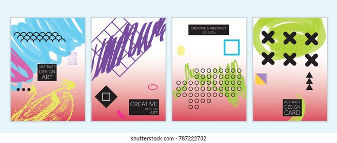 Set of artistic minimal universal card templates in Memphis style with abstract hand drawn doodles. Design for poster, card, invitation. Roughly drawn bright trendy textures. Vector isolated