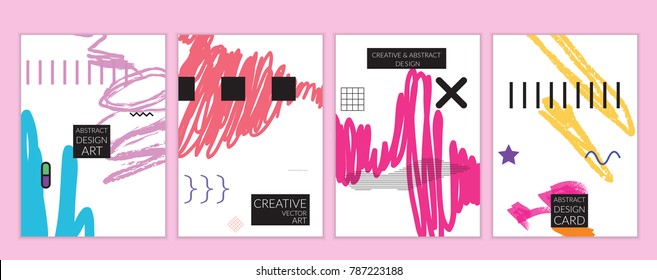 Set of artistic minimal universal card templates with abstract hand drawn doodles. Design for poster, card, invitation. Roughly drawn bright trendy textures. Minimal simple design.Vector isolated